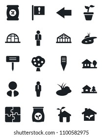 Set of vector isolated black icon - left arrow vector, manager, seedling, plant label, greenhouse, pond, fertilizer, important flag, application, house with tree, fruit, estate agent, eco