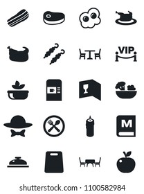 Set of vector isolated black icon - cafe vector, coffee machine, wine card, menu, reception, salad, bacon, candle, table, vip zone, dress code, chicken, steak, kebab, cutting board, omelette