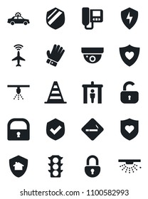Set of vector isolated black icon - plane radar vector, security gate, smoking place, alarm car, border cone, glove, heart shield, traffic light, protect, lock, intercome, home, surveillance