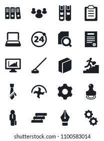 Set of vector isolated black icon - 24 around vector, ripper, hoe, group, settings, clipboard, monitor statistics, document search, ink pen, blank box, paper binder, tie, tray, notebook pc, contract