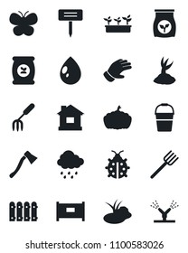 Set of vector isolated black icon - fence vector, garden fork, farm, bucket, sproute, glove, butterfly, lady bug, house, seedling, water drop, rain, axe, plant label, pumpkin, pond, fertilizer