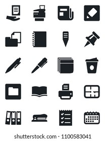 Set of vector isolated black icon - book vector, pen, coffee, document, printer, plant label, folder, news, notes, copybook, drawing pin, blank box, checklist, paper binder, copier, stapler, plan