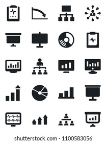 Set of vector isolated black icon - growth statistic vector, hierarchy, presentation board, monitor, circle chart, pulse, clipboard, statistics, bar graph, pie, arrow up, crisis