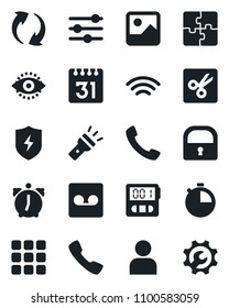 Set of vector isolated black icon - call vector, menu, update, gallery, protect, tuning, user, alarm, stopwatch, record, calendar, wireless, torch, cut, lock, eye id, application, root setup