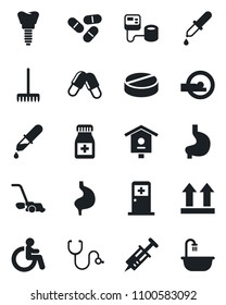 Set of vector isolated black icon - disabled vector, medical room, rake, lawn mower, bird house, stethoscope, syringe, blood pressure, dropper, pills, bottle, tomography, stomach, implant, bathroom