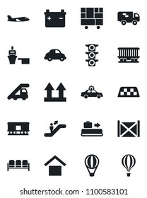 Set of vector isolated black icon - taxi vector, baggage conveyor, escalator, waiting area, alarm car, ladder, plane, railroad, traffic light, delivery, sea port, container, consolidated cargo
