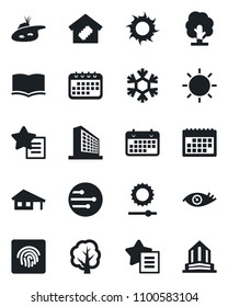 Set of vector isolated black icon - office building vector, book, tree, sun, eye, term, favorites list, network, brightness, fingerprint id, calendar, house with garage, pond, smart home, snowflake