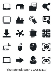 Set of vector isolated black icon - wireless notebook vector, right arrow, mouse, desk, pc, support, folder document, tv, touch screen, share, download, manager, chip, home control app, eye scan