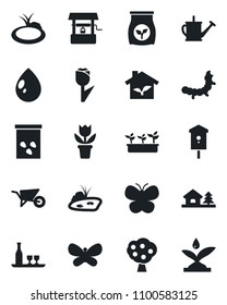 Set of vector isolated black icon - flower in pot vector, watering can, wheelbarrow, butterfly, seedling, water drop, well, seeds, caterpillar, pond, bird house, fertilizer, tulip, with tree, fruit