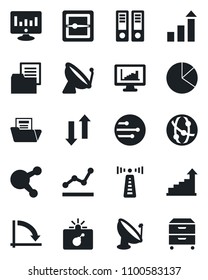 Set of vector isolated black icon - antenna vector, satellite, bomb in case, growth statistic, office binder, crisis graph, monitor, folder document, network, share, scanner, data exchange, pie