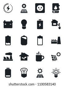 Set of vector isolated black icon - hot cup vector, bulb, factory, battery, low, charge, sun panel, home control, eco house, socket, water heater, idea