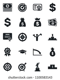 Set of vector isolated black icon - dispatcher vector, dollar sign, pedestal, medal, graduate, money bag, cash, target, crisis, certificate