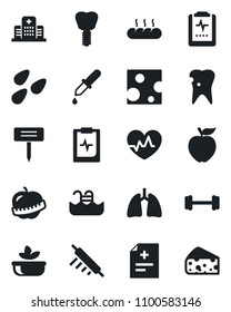 Set of vector isolated black icon - plant label vector, seeds, heart pulse, diagnosis, dropper, barbell, lungs, caries, implant, clipboard, diet, hospital, pool, salad, bread, rolling pin, cheese