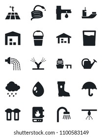Set of vector isolated black icon - watering can vector, bucket, boot, water drop, rain, hose, drip irrigation, sea shipping, port, umbrella, warehouse, bathroom, drink, heater, filter, warm floor