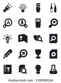 Set of vector isolated black icon - document search vector, bulb, thermometer, heart diagnostic, ampoule, fragile, cargo, torch, estate, wine card, drink, energy saving, consumer, money, idea, flask