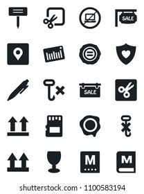 Set of vector isolated black icon - no laptop vector, pen, stamp, plant label, heart shield, fragile, up side sign, hook, barcode, sd, cut, place tag, sale, menu
