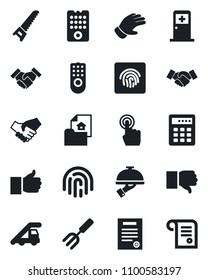 Set of vector isolated black icon - ladder car vector, medical room, handshake, garden fork, glove, saw, touch screen, finger up, down, fingerprint id, contract, estate document, waiter