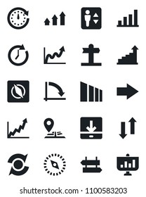 Set of vector isolated black icon - elevator vector, signpost, right arrow, growth statistic, crisis graph, navigation, sorting, data exchange, download, compass, update, bar, up, clock
