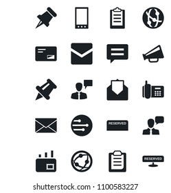 Set of vector isolated black icon - speaking man vector, mail, office phone, loudspeaker, network, speaker, paper pin, mobile, message, clipboard, reserved