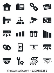 Set of vector isolated black icon - drip irrigation vector, sorting, barcode, chain, root setup, air conditioner, smart home, intercome, control app, water filter, warm floor, surveillance