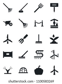 Set of vector isolated black icon - fence vector, garden fork, farm, rake, wheelbarrow, well, hoe, plant label, pumpkin, greenhouse, drip irrigation, windmill
