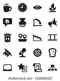 Set of vector isolated black icon - crisis graph vector, contract, fire, eye, clock, film frame, microphone, loudspeaker, favorites list, target, notebook pc, stamp, flower in pot, coffee, bread