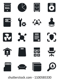 Set of vector isolated black icon - waiting area vector, calculator, bird house, molecule, speaker, sd, face id, root setup, pie graph, hr, office chair, blank box, archive, contract, stamp, mailbox