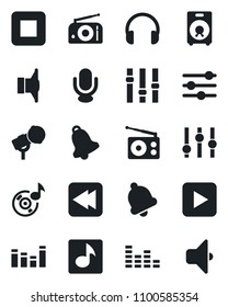 Set of vector isolated black icon - microphone vector, radio, speaker, settings, equalizer, headphones, play button, stop, rewind, tuning, bell, music, sound