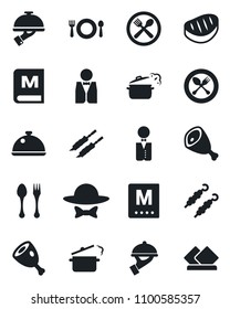 Set of vector isolated black icon - spoon and fork vector, waiter, dish, cafe, menu, dress code, steak, kebab, ham, steaming pan, serviette