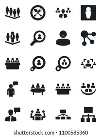Set of vector isolated black icon - spoon and fork vector, male, speaking man, team, meeting, patient, company, hr, client search, consumer, group, social media, hierarchy