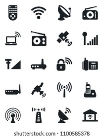 Set of vector isolated black icon - antenna vector, wireless notebook, office phone, satellite, radio, remote control, cellular signal, lock, router, garage gate