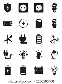 Set of vector isolated black icon - battery vector, low, protect, charge, desk lamp, windmill, socket, power plug, bulb, energy saving, idea