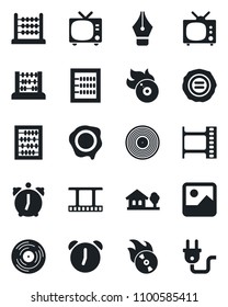 Set of vector isolated black icon - tv vector, abacus, stamp, film frame, vinyl, flame disk, gallery, alarm, ink pen, house with tree, power plug