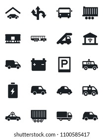 Set of vector isolated black icon - airport bus vector, parking, alarm car, ladder, ambulance, route, truck trailer, delivery, railroad, garage, gate control, battery