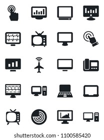 Set of vector isolated black icon - plane radar vector, notebook pc, statistic monitor, pulse, tv, touch screen, statistics, intercome