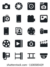 Set of vector isolated black icon - camera vector, clapboard, film frame, reel, video, phone back, mobile, gallery, photo, intercome, surveillance