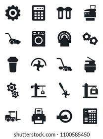 Set of vector isolated black icon - fork loader vector, gear, ripper, lawn mower, tomography, printer, copier, crane, water filter, washer, combination lock