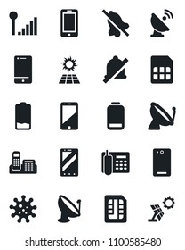 Set of vector isolated black icon - satellite antenna vector, mobile phone, virus, cell, low battery, back, sim, mute, cellular signal, office, sun panel