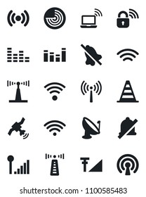 Set of vector isolated black icon - antenna vector, wireless notebook, border cone, radar, satellite, equalizer, mute, cellular signal, lock