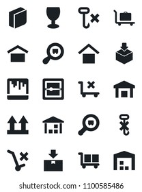 Set of vector isolated black icon - baggage trolley vector, fragile, cargo, warehouse storage, up side sign, no, hook, package, search, scanner, blank box