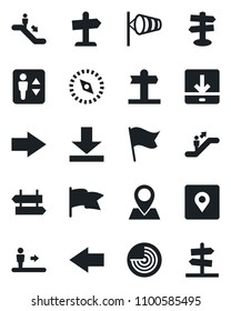 Set of vector isolated black icon - elevator vector, escalator, signpost, right arrow, left, wind, radar, pin, download, place tag, compass, flag, guidepost