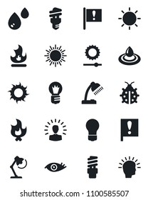 Set of vector isolated black icon - sun vector, bulb, lady bug, fire, eye, important flag, brightness, desk lamp, water, energy saving, shining head