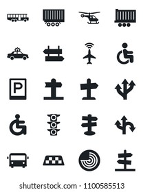 Set of vector isolated black icon - plane radar vector, taxi, airport bus, parking, signpost, alarm car, helicopter, disabled, route, traffic light, truck trailer, guidepost
