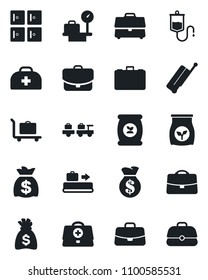 Set of vector isolated black icon - suitcase vector, baggage conveyor, trolley, larry, luggage scales, checkroom, case, money bag, fertilizer, doctor, dropper