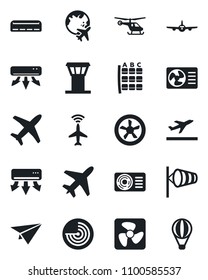 Set of vector isolated black icon - plane vector, airport tower, radar, departure, wind, helicopter, seat map, globe, air conditioner, fan, paper, balloon