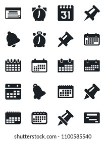 Set of vector isolated black icon - alarm clock vector, drawing pin, calendar, term, paper, bell, schedule