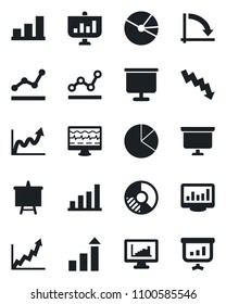 Set of vector isolated black icon - growth statistic vector, presentation board, crisis graph, circle chart, monitor pulse, statistics, bar, pie, point