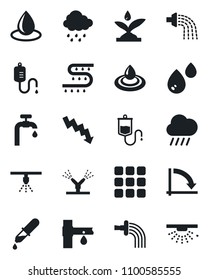 Set of vector isolated black icon - crisis graph vector, watering, water drop, rain, drip irrigation, dropper, menu, supply, sprinkler