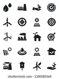 Set of vector isolated black icon - factory vector, bird house, target, sun panel, windmill, eco, water, palm sproute