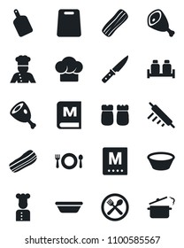 Set of vector isolated black icon - cook vector, cafe, hat, menu, bacon, salt and pepper, ham, bowl, rolling pin, cutting board, knife, steaming pan
